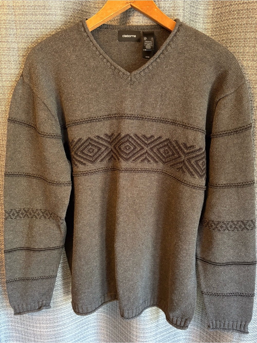 Claiborne Gray Geometric V-Neck Cotton Sweater Men’s Large